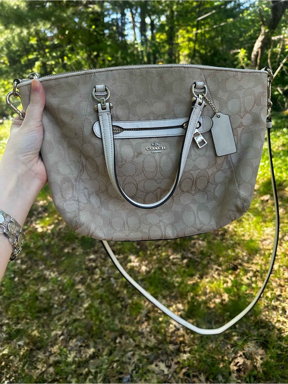 Coach Taupe Signature Canvas Shoulder Bag with Leather Trim